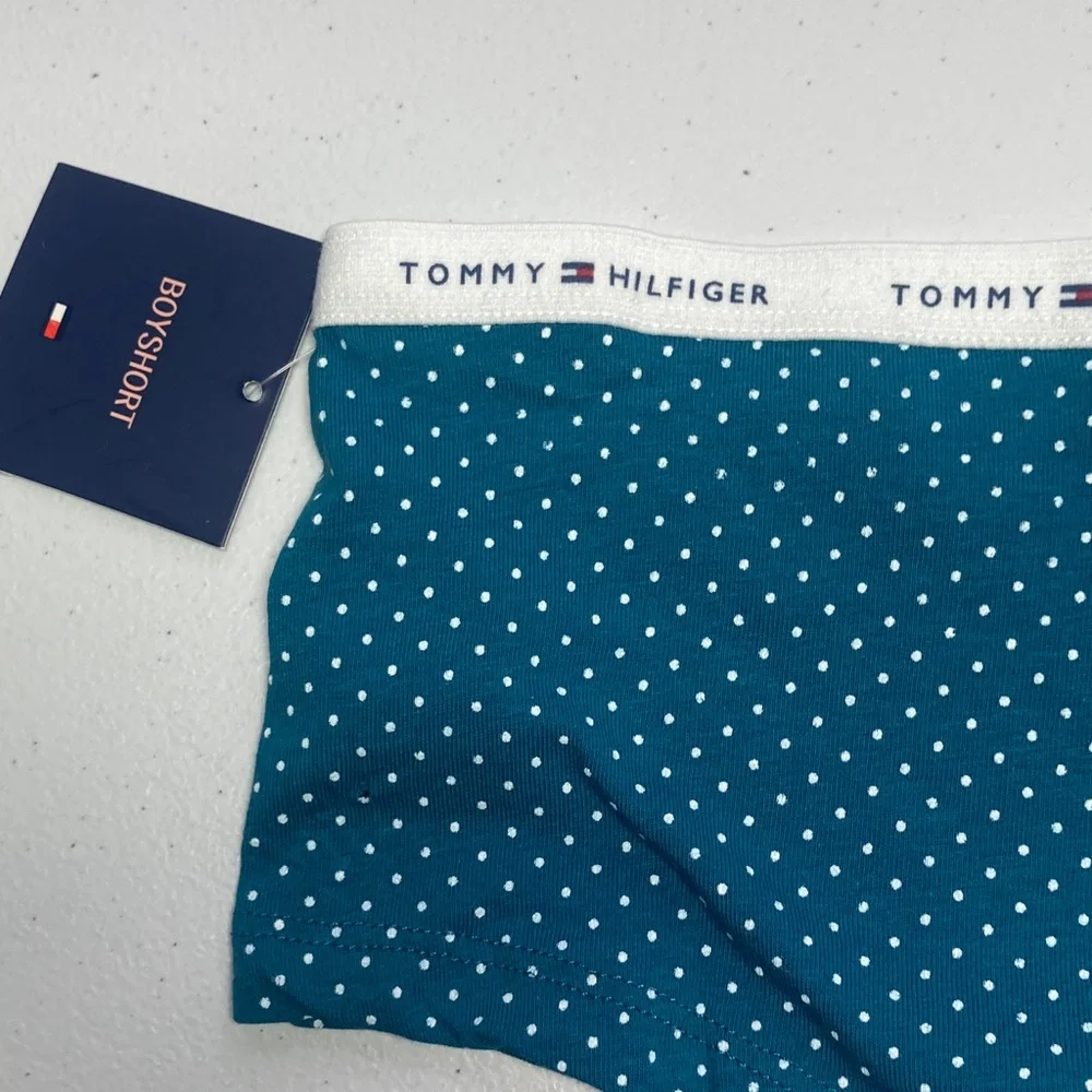 3/$18 Tommy Hilfiger teal polka dot boyshort panty with logo waistband size S - Picture 5 of 17